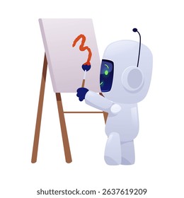 Chatbot robot paints on an easel realistic 3D vector illustration. AI in art and drawing. Cute Artificial intelligence machine online education. Customer support service robotic technology