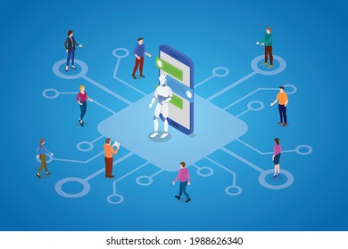 chatbot with robot and people communicate with modern flat isometric style