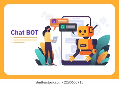 Chatbot robot providing online assistance. Chat GPT conversation with a person. Use of AI in customer service and support or messaging. Vector illustration