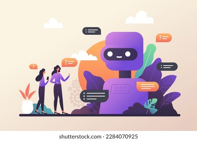 Chatbot-Roboter, der Online-Hilfe anbietet. Chat GPT Gespräch mit einer Person. Nutzung von AI im Kundendienst und Support oder in der Nachrichtenübermittlung. Vektorgrafik