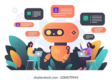 Robot de chatbot proveyendo asistencia en línea. Conversar en GPT con una persona. Uso de IA en servicio al cliente y soporte o mensajería. Ilustración del vector