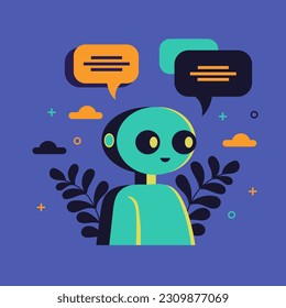 Robot de chatbot proveyendo asistencia en línea. Conversar en GPT con una persona. Uso de IA en servicio al cliente y soporte o mensajería. Vector