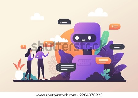 Chatbot robot providing online assistance. Chat GPT conversation with a person. Use of AI in customer service and support or messaging. Vector illustration