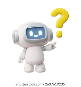 Chatbot robot with question mark realistic 3D vector illustration. Cute Artificial intelligence machine online education. Customer support service robotic technology. AI in life, science and business