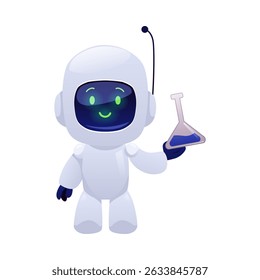 Robô Chatbot mostrando ilustração plana do vetor do frasco do laboratório. Bela máquina de inteligência artificial de educação científica on-line. Cartoon AI tecnologia robótica em ciência