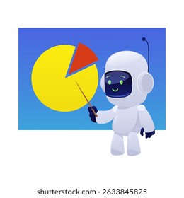 Chatbot robot shows diagram, business infographic presentation vector flat illustration. Cute Artificial intelligence machine online education. Cartoon customer support service robotic technology