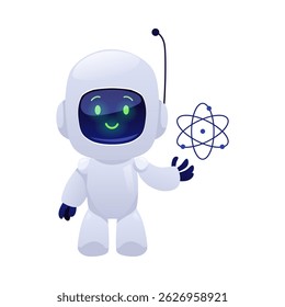 Chatbot robot smiling and greeting vector flat illustration. Cute Artificial intelligence machine online education. Customer support service robotic technology. AI in life, science and business