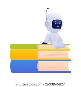 Chatbot Roboter lächelnd und sitzend auf Stapel von Büchern. Flache Vektorgrafik. Süße künstliche Intelligenz Maschine Online-Bildung. Cartoon Support Service Robotertechnologie