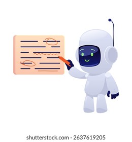 Chatbot robot teacher analyzes the spelling of the text vector flat illustration. Cute Artificial intelligence machine online education. Cartoon support service robotic technology