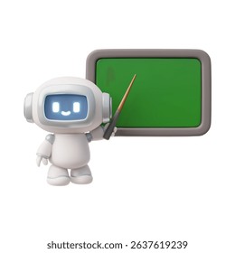 Chatbot robot teacher with pointer stick shows on chalk board realistic 3D vector illustration. Render cute Artificial intelligence education robots technology. AI in school, college, university
