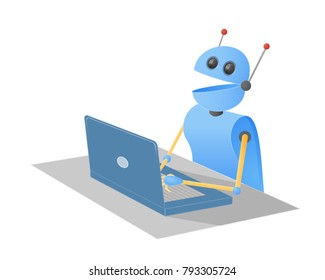 Chatbot robot typing on a laptop computer sitting at a desk. Vector illustration.