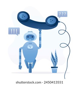 Robot de charla, robot con teléfono vintage. Chat bot, fondo de concepto. Diálogo con el cliente, servicio de ayuda. Gracioso bot, Asistencia en línea. Comentarios, línea directa, tecnología de 24 horas de Asistencia. Ilustración vectorial