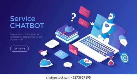 Chatbot robot virtual communicate via laptop. Сhat bot application gives answers to questions. Dialog helping service. Online technology support. Isometric landing page. Vector web banner.