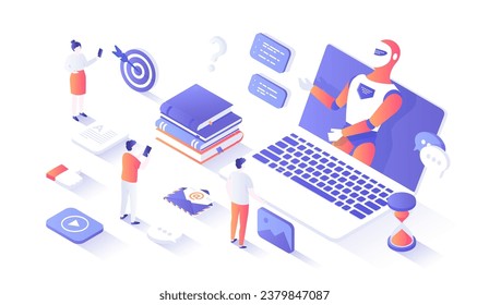 Chatbot robot virtual communicate via laptop. Сhat bot application gives answers to questions. Dialog helping service. Online technology support.Isometry illustration with people scene for web graphic