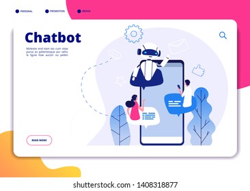 Chatbot. Robotics chatterbot smart robotical conversetion ai bot online talking helping chatbots answering phone vector landing page
