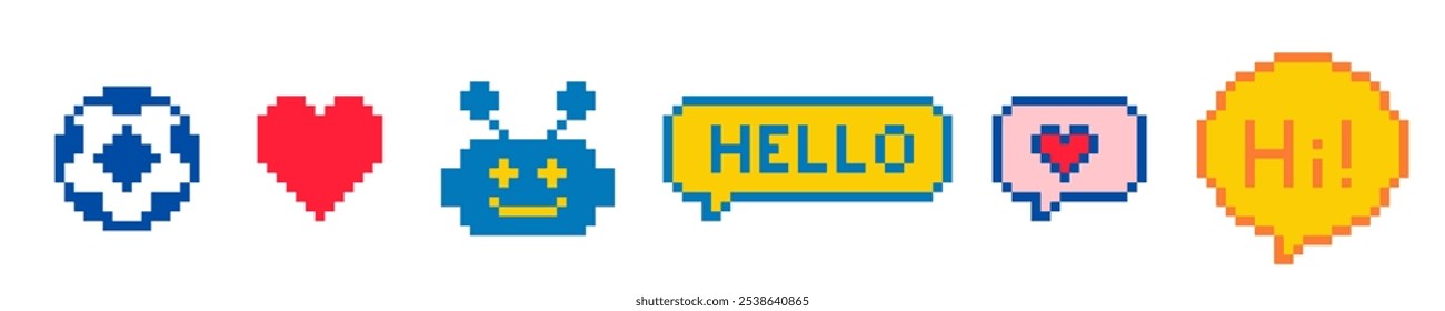 Chatbot diciendo hola. Lindo icono de bot. Pixel art. Diseño infantil ingenuo. Abstractas patrón geométrico simple. Y2k pegatinas de píxeles juguetones. Sentimiento de la estética de los 90. Ilustración vectorial de estilo retro de 8 bits