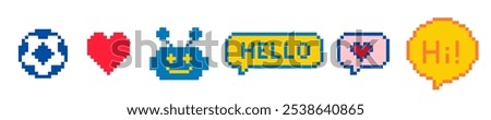 Chatbot saying Hello. Cute bot icon. Pixel art. Naive childish design. Abstract geometric simple pattern. Y2k playful pixels stickers. Mood of 90's aesthetics. 8 bit retro style vector illustration