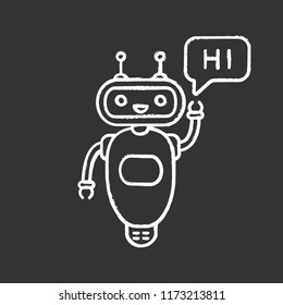 Chatbot saying hi chalk icon. Talkbot greeting user. Virtual assistant. Online helper. Modern robot. Isolated vector chalkboard illustration