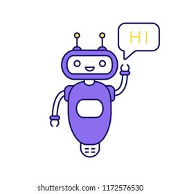 Chatbot saying hi color icon. Talkbot greeting user. Virtual assistant. Online helper. Modern robot. Isolated vector illustration