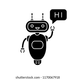 Chatbot saying hi glyph icon. Silhouette symbol. Talkbot greeting user. Virtual assistant. Online helper. Modern robot. Negative space. Vector isolated illustration