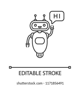 Chatbot saying hi linear icon. Thin line illustration. Talkbot greeting user. Virtual assistant. Online helper. Modern robot. Contour symbol. Vector isolated outline drawing. Editable stroke