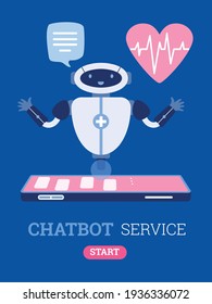 Chatbot service banner design with robot assistant, cartoon vector illustration.