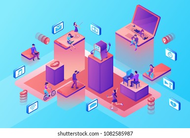 Chatbot service isometric illustration with modern hipster peopl
