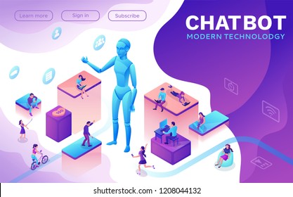 Chatbot service isometric illustration with modern hipster people communicating by gadgets, smartphone, mobile chat technolodgy concept, message app, landing page template