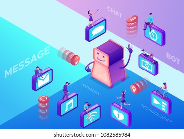 Chatbot service isometric vector illustration with icons set and robot, communication by gadgets, smartphone, mobile chat technolodgy concept, message app background
