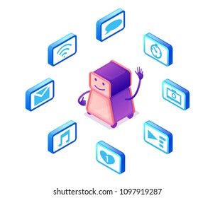 Chatbot service isometric vector illustration with icons set and robot, communication by gadgets, smartphone, mobile chat technolodgy concept, message app background