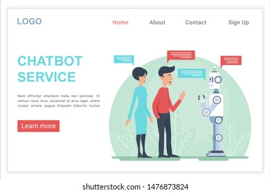 Chatbot service landing page vector template. Modern AI technology website homepage interface idea with flat vector illustrations. Machine learning, internet assistance web banner cartoon concept