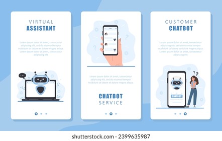 Chatbot service set. Mobile backgrounds. Woman talking with robot. AI assistant. Online customer support. Artificial intelligence. Vector illustration in flat cartoon style.