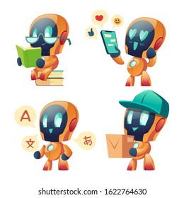 Chatbot set. Ai robot for customer support and online consultation, translation, reading books. Future marketing innovation, artificial intelligence digital technology, Cartoon vector illustration