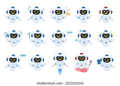 Chatbot set. Cartoon robot chat bots with different emotion for communication with service user, artificial intelligence communication concept. Futuristic smart online robot. Vector illustration