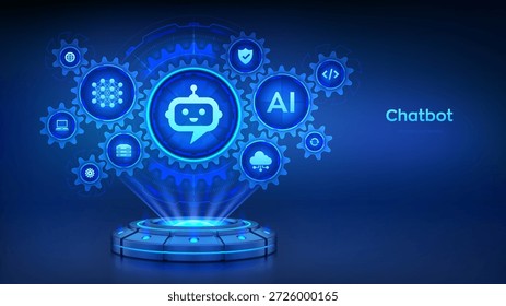 Chatbot. Smart assistant. AI. Artificial intelligence technology concept. Neural network. Holographic platform with glowing rays forming a projection of interconnected gears with icons. Vector.