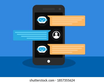 Chatbot smart phone artificial intelligence AI communication concept. Chatbot is new trend in B2C communication. Dialog box of mobile phone. Vector illustration