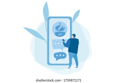 Chatbot, smartphone chat. AI robot assistant. Vector illustration for web banner, infographics, mobile. Artificial software discussion. 