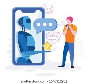 Chatbot in smartphone chatting with man, robot talk with  businessman. Vector illustration for web, print, presentation.