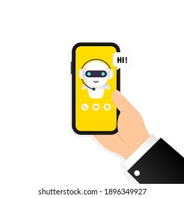 Chatbot en la ilustración de un smartphone. Hola. Plantilla de página de inicio del bot asistente en línea. Diálogo. Apoyo técnico. Para la página web. Vector de fondo blanco aislado. EPS 10