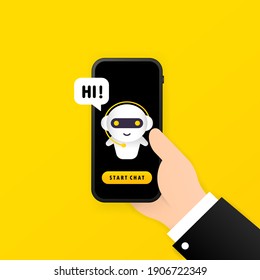 Chatbot in smartphone illustration. Hi message. Online assistant bot landing page template. Dialog. Technical support. For web page. Vector on isolated white background. EPS 10