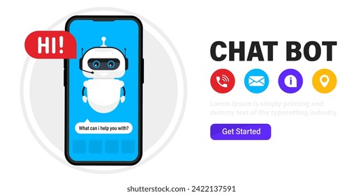 Chatbot in a smartphone screen. Chat bot in phone. Artificial intelligence. Online assistant. Help service chatting with chatbot application. Ai technology, customer service, virtual assistant