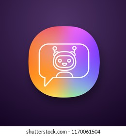 Chatbot in speech bubble app icon. UI/UX user interface. Talkbot. Virtual assistant. Online support service. Modern robot. Web or mobile application. Vector isolated illustration
