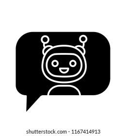 Chatbot in speech bubble glyph icon. Silhouette symbol. Talkbot. Virtual assistant. Online support service. Modern robot. Negative space. Vector isolated illustration