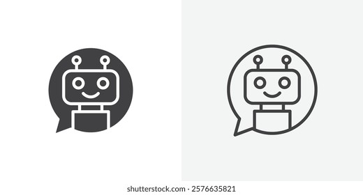 Chatbot speech bubble icon set in black flat solid and outlined style.