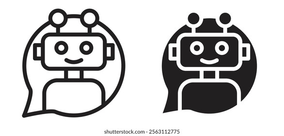 Chatbot speech bubble icons in black line and filled versions