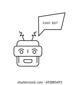 chatbot and speech bubble outline concept of app, media soft dialogue script, Robot outline icon style graphic logotype design isolated on white background