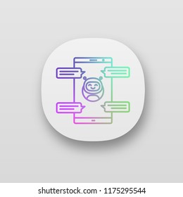 Chatbot with speech bubbles app icon. UI/UX user interface. Messenger bot chatting on smartphone. Modern robot. Virtual assistant. Web or mobile application. Vector isolated illustration