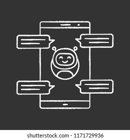 Chatbot with speech bubbles chalk icon. Messenger bot chatting on smartphone. Modern robot. Virtual assistant. Isolated vector chalkboard illustration
