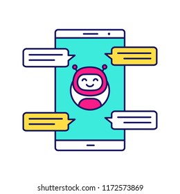 Chatbot with speech bubbles color icon. Messenger bot chatting on smartphone. Modern robot. Virtual assistant. Isolated vector illustration