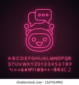 Chatbot with speech bubbles neon light icon. Modern robot. Talkbot typing answer. Online support. Virtual assistant. Glowing sign with alphabet, numbers and symbols. Vector isolated illustration